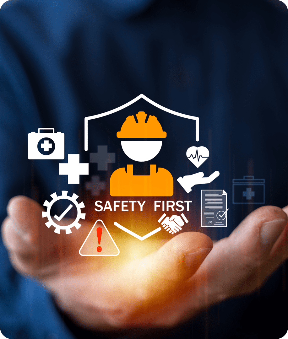 Safety symbols and icons above a hand.