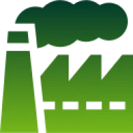 Green factory icon with smoke silhouette.