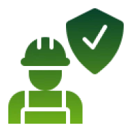 Worker icon with safety shield checkmark.