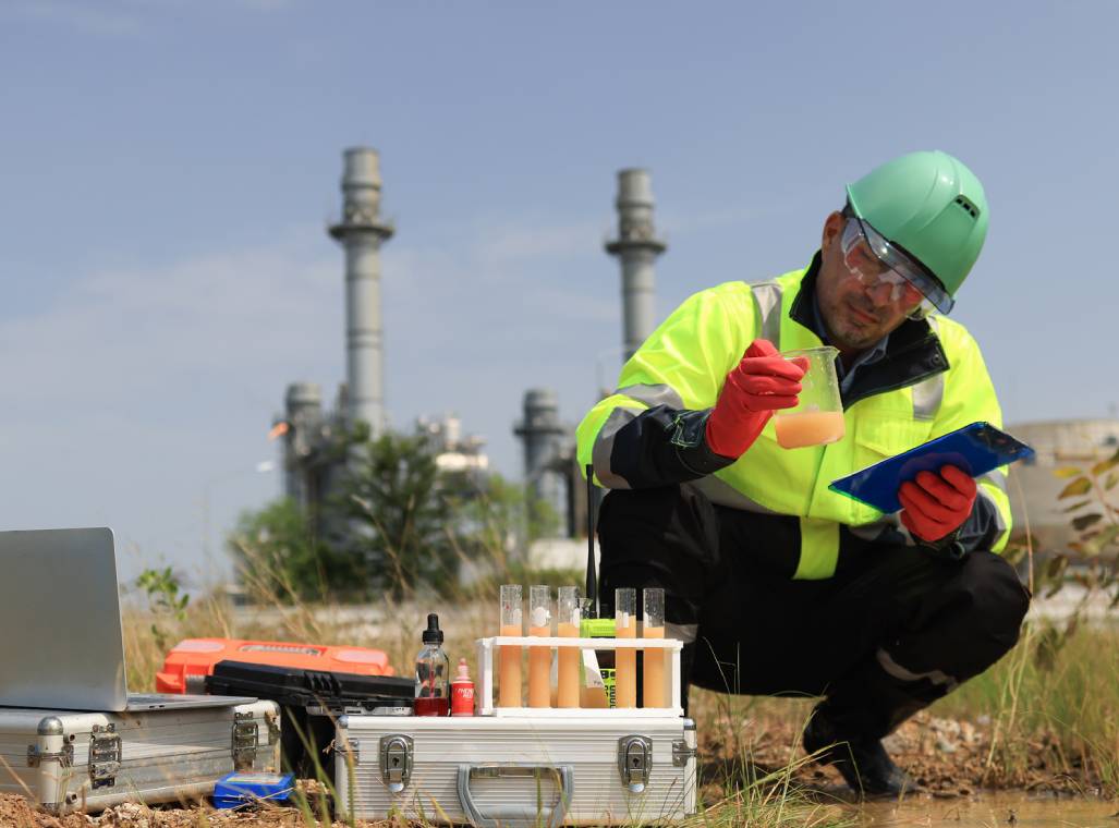 Scientist testing soil samples near industrial plant.