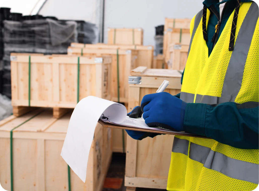 Worker in safety vest checking inventory clipboard.