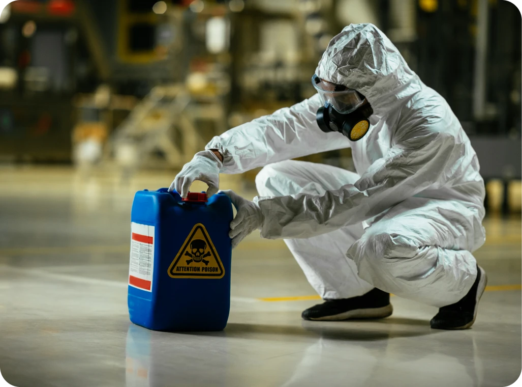 Person in hazmat suit handling chemical container.