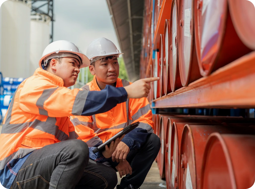 Workers inspecting stacked industrial barrels outdoors.