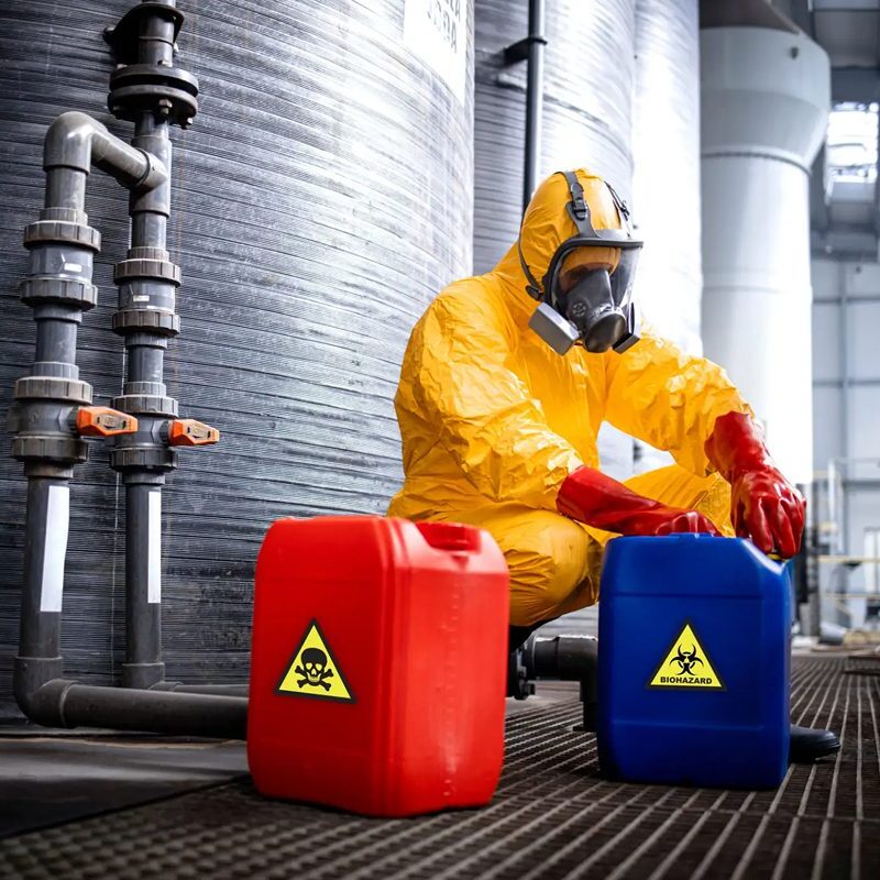 Person in hazmat suit handling hazardous chemical containers.
